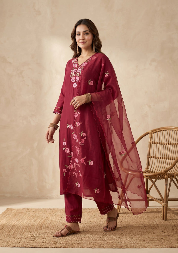Maroon Threadwork Silk Readymade Salwar Suit