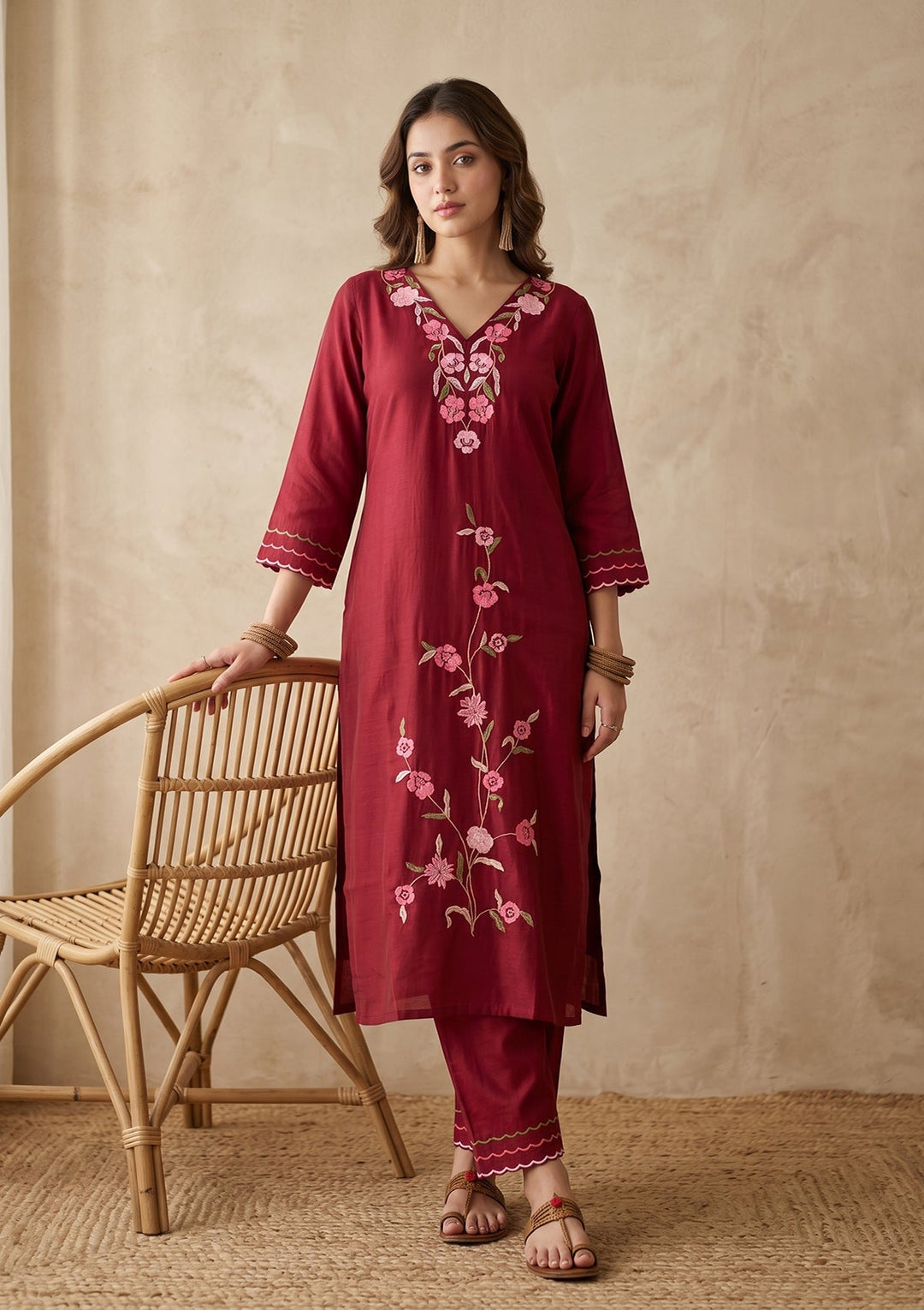 Maroon Threadwork Silk Readymade Salwar Suit