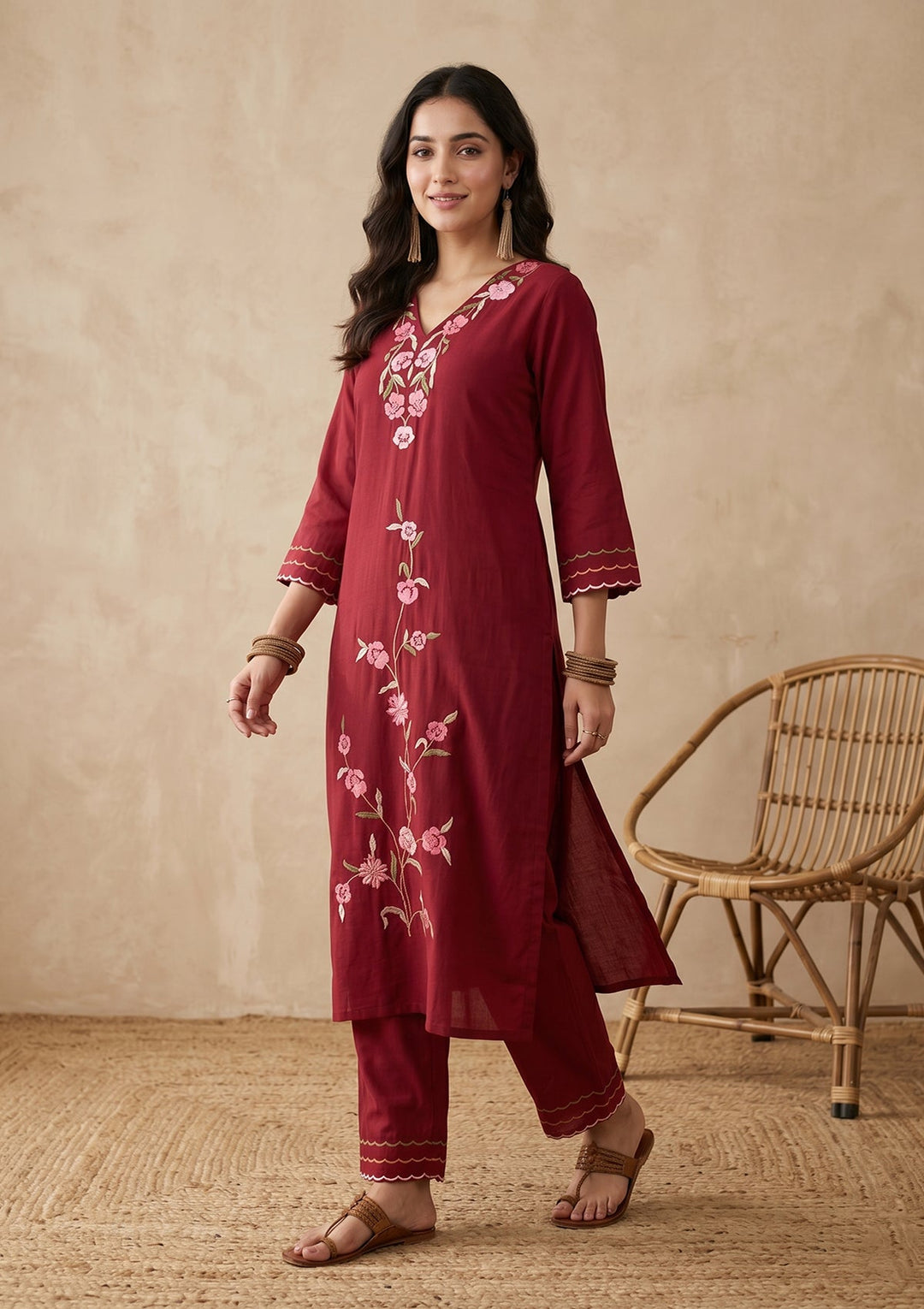 Maroon Threadwork Silk Readymade Salwar Suit
