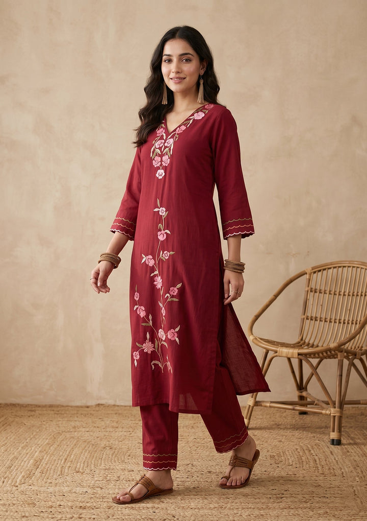 Maroon Threadwork Silk Readymade Salwar Suit