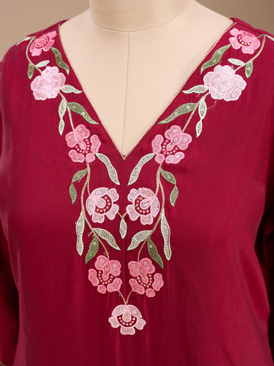 Maroon Threadwork Silk Readymade Salwar Suit