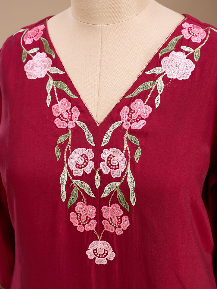 Maroon Threadwork Silk Readymade Salwar Suit