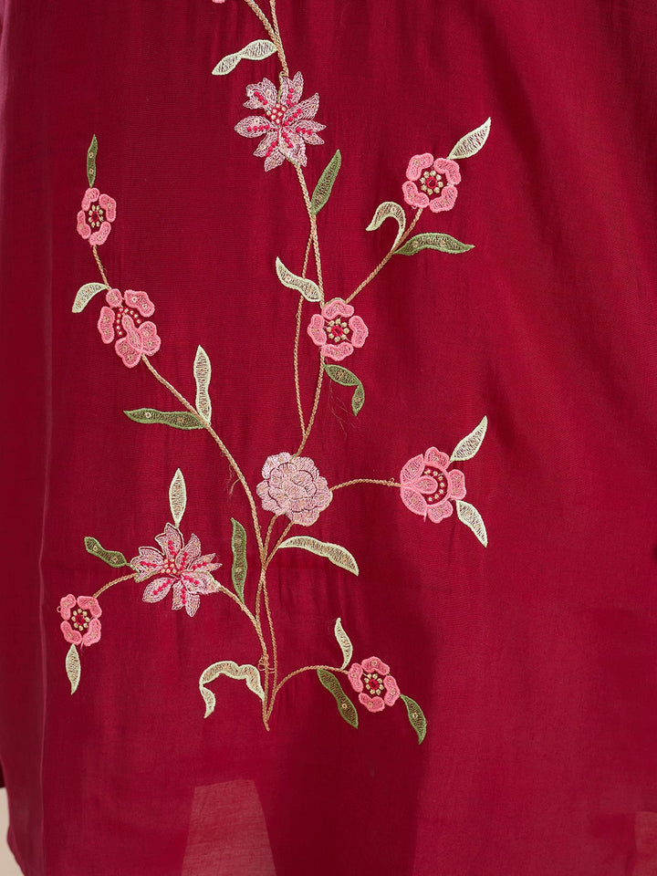 Maroon Threadwork Silk Readymade Salwar Suit
