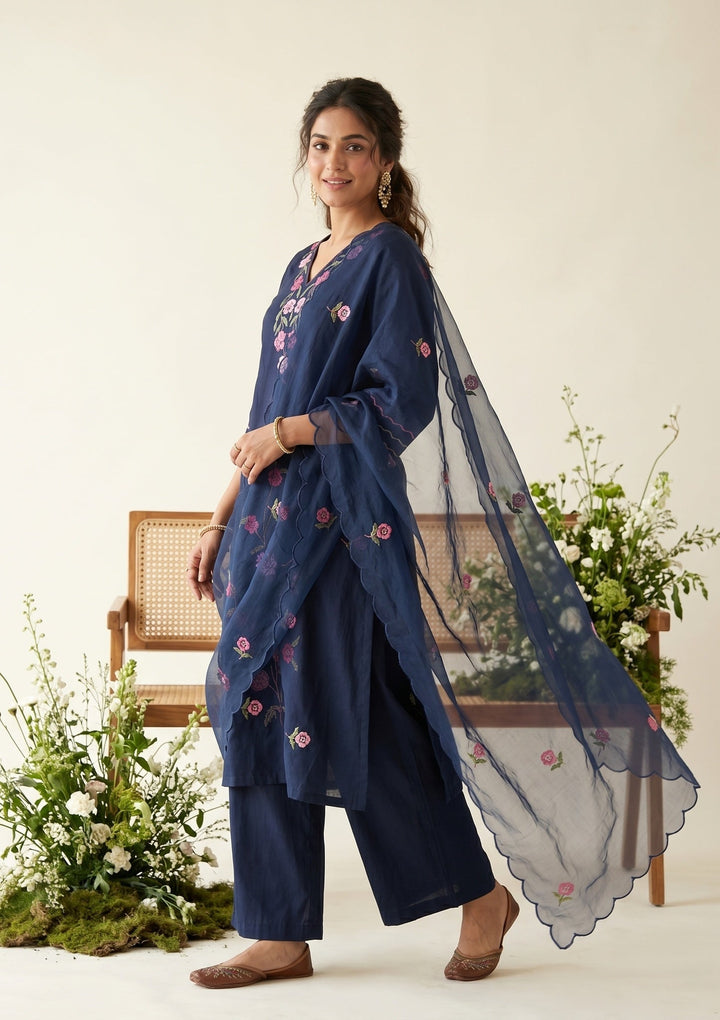 Navy Blue Threadwork Art Silk Readymade Salwar Suit