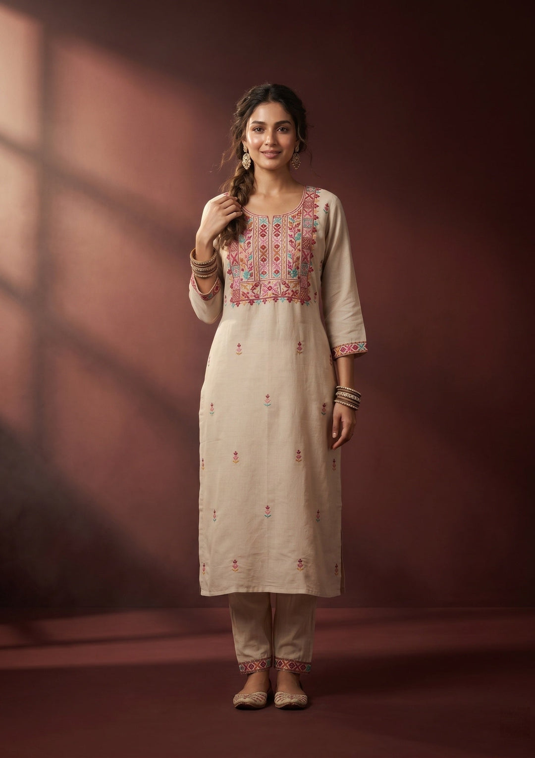 Beige Threadwork Art Silk Readymade Salwar Suit