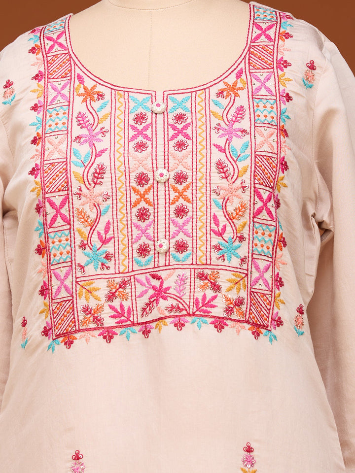 Beige Threadwork Art Silk Readymade Salwar Suit