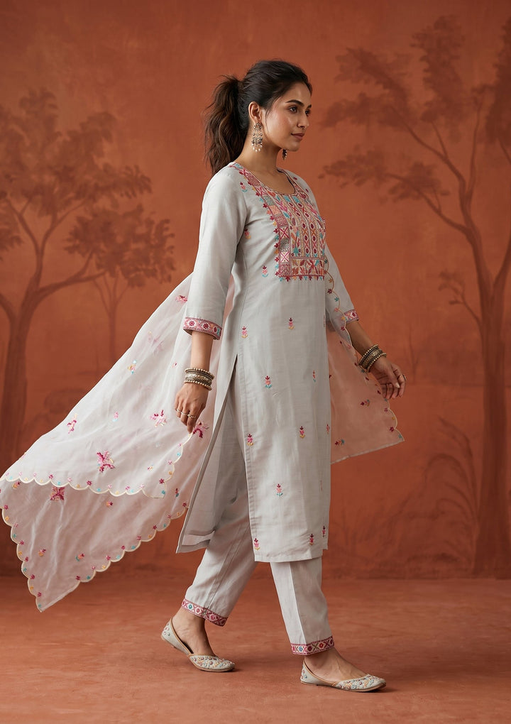 Light Grey Chanderi Threadwork Straight Kurta With Regular Pant And Dupatta