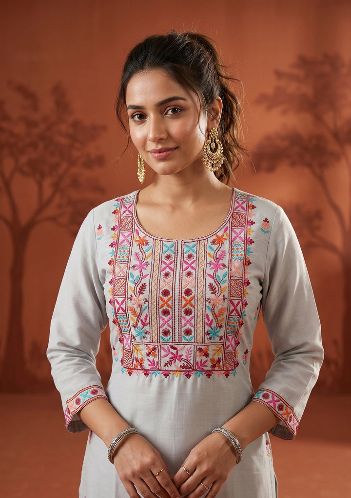 Light Grey Chanderi Threadwork Straight Kurta With Regular Pant And Dupatta
