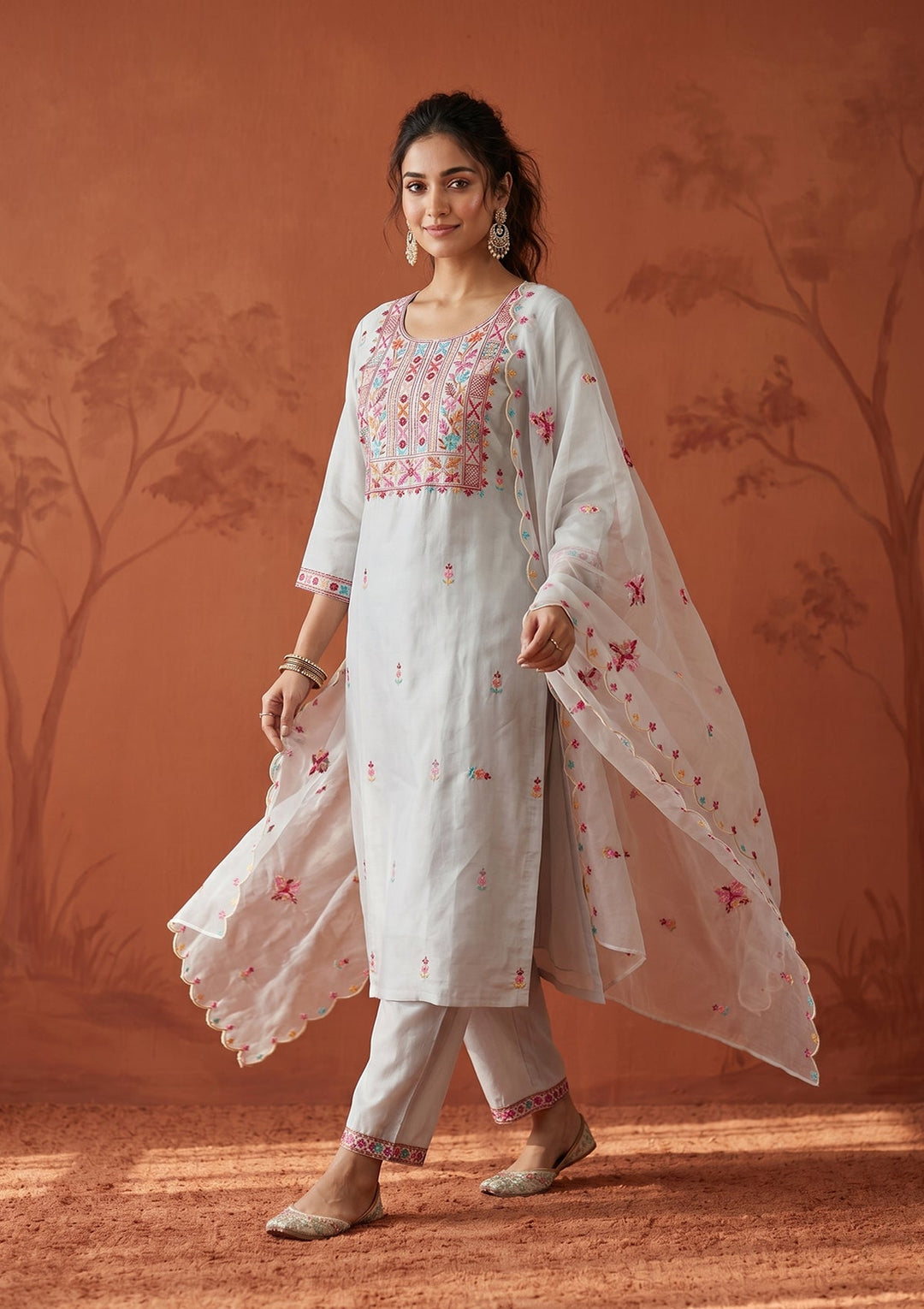 Light Grey Chanderi Threadwork Straight Kurta With Regular Pant And Dupatta