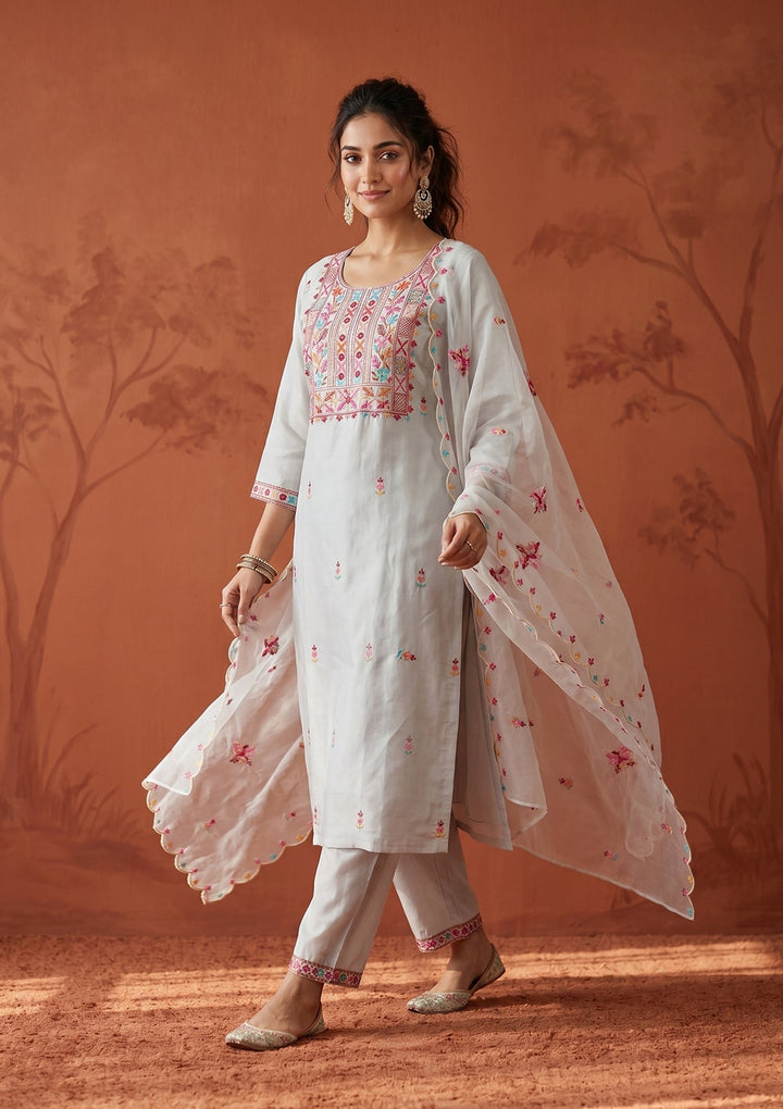 Light Grey Chanderi Threadwork Straight Kurta With Regular Pant And Dupatta
