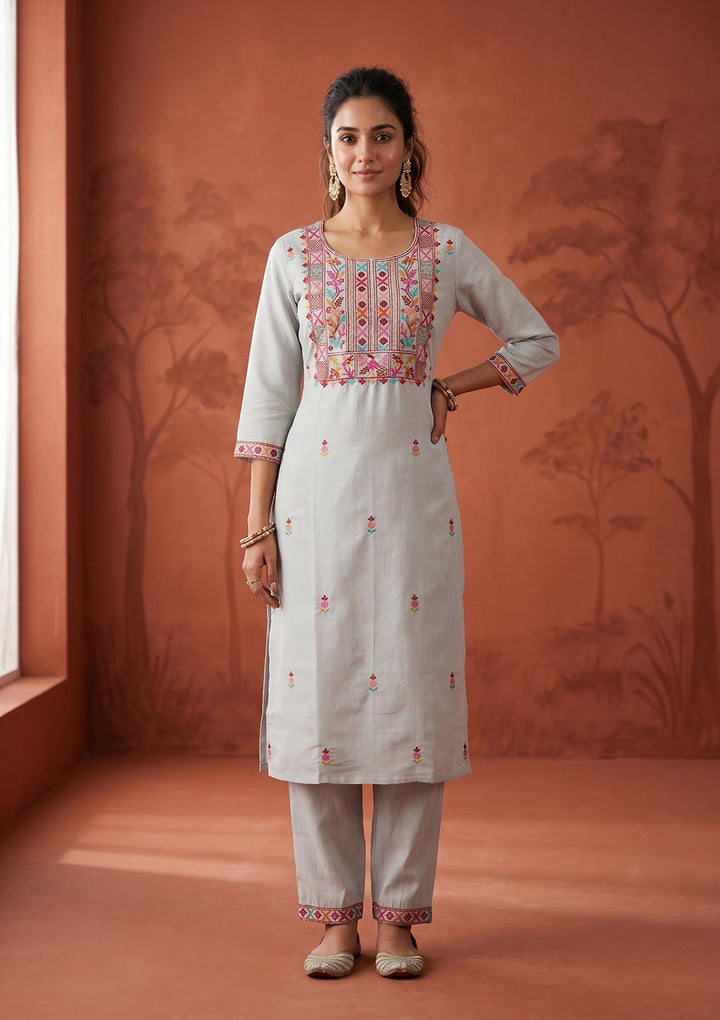 Light Grey Chanderi Threadwork Straight Kurta With Regular Pant And Dupatta