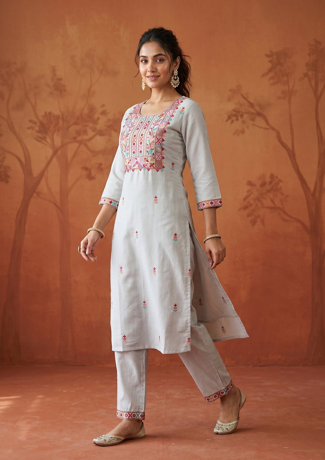 Light Grey Chanderi Threadwork Straight Kurta With Regular Pant And Dupatta
