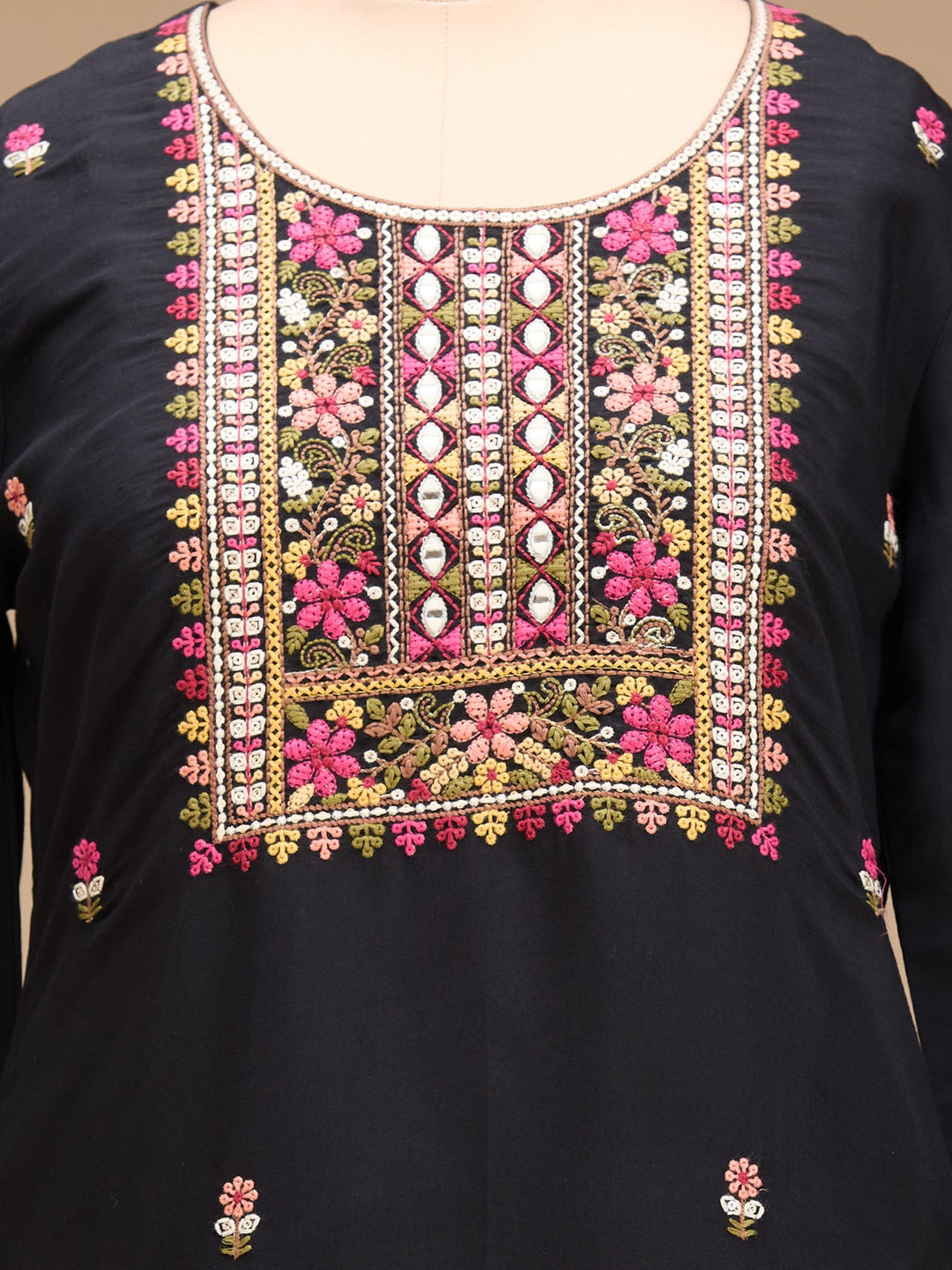 Black Threadwork Art Silk Readymade Salwar Suit
