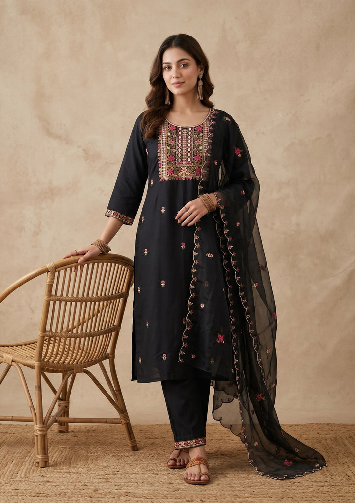 Black Threadwork Art Silk Readymade Salwar Suit