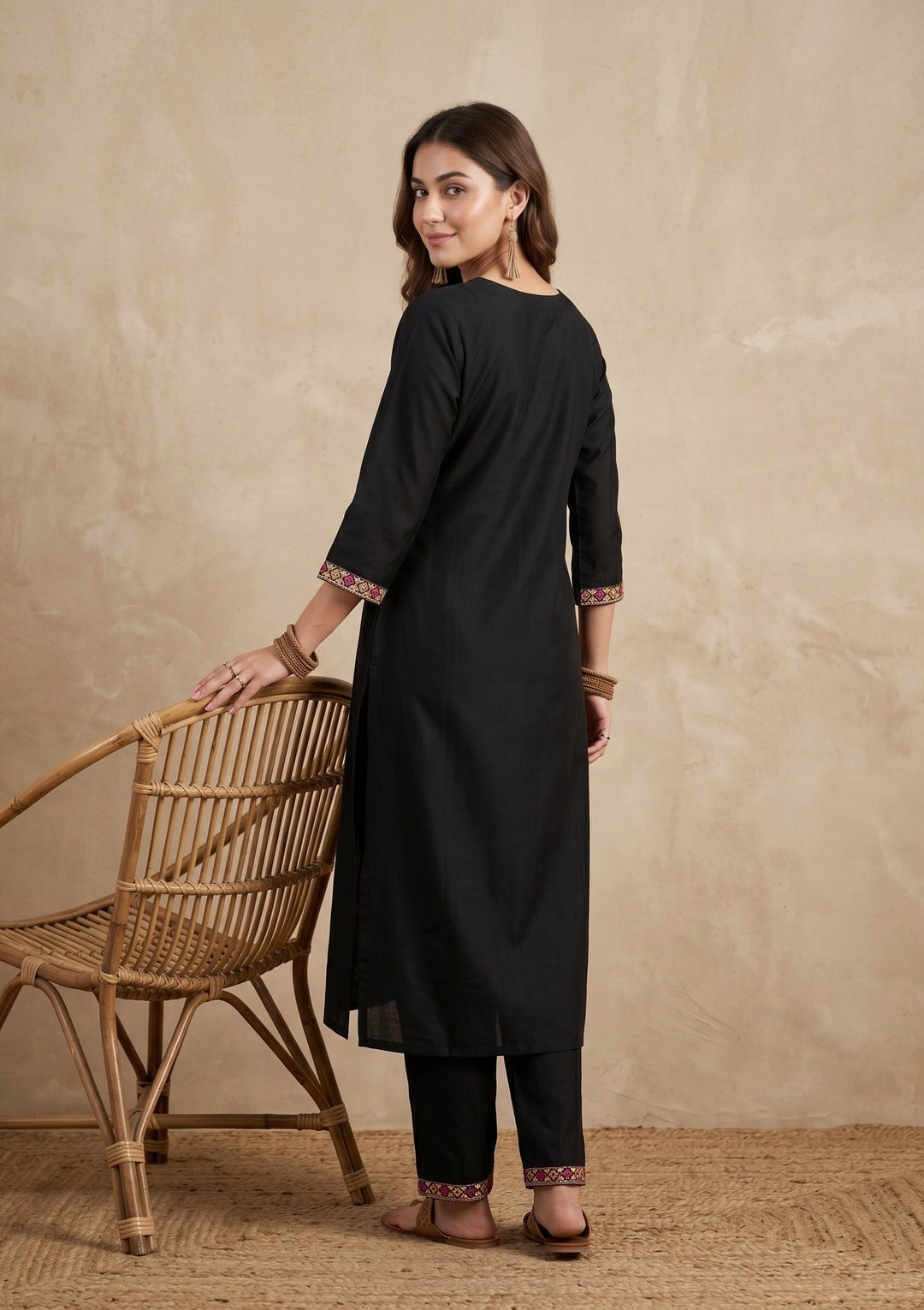 Black Threadwork Art Silk Readymade Salwar Suit