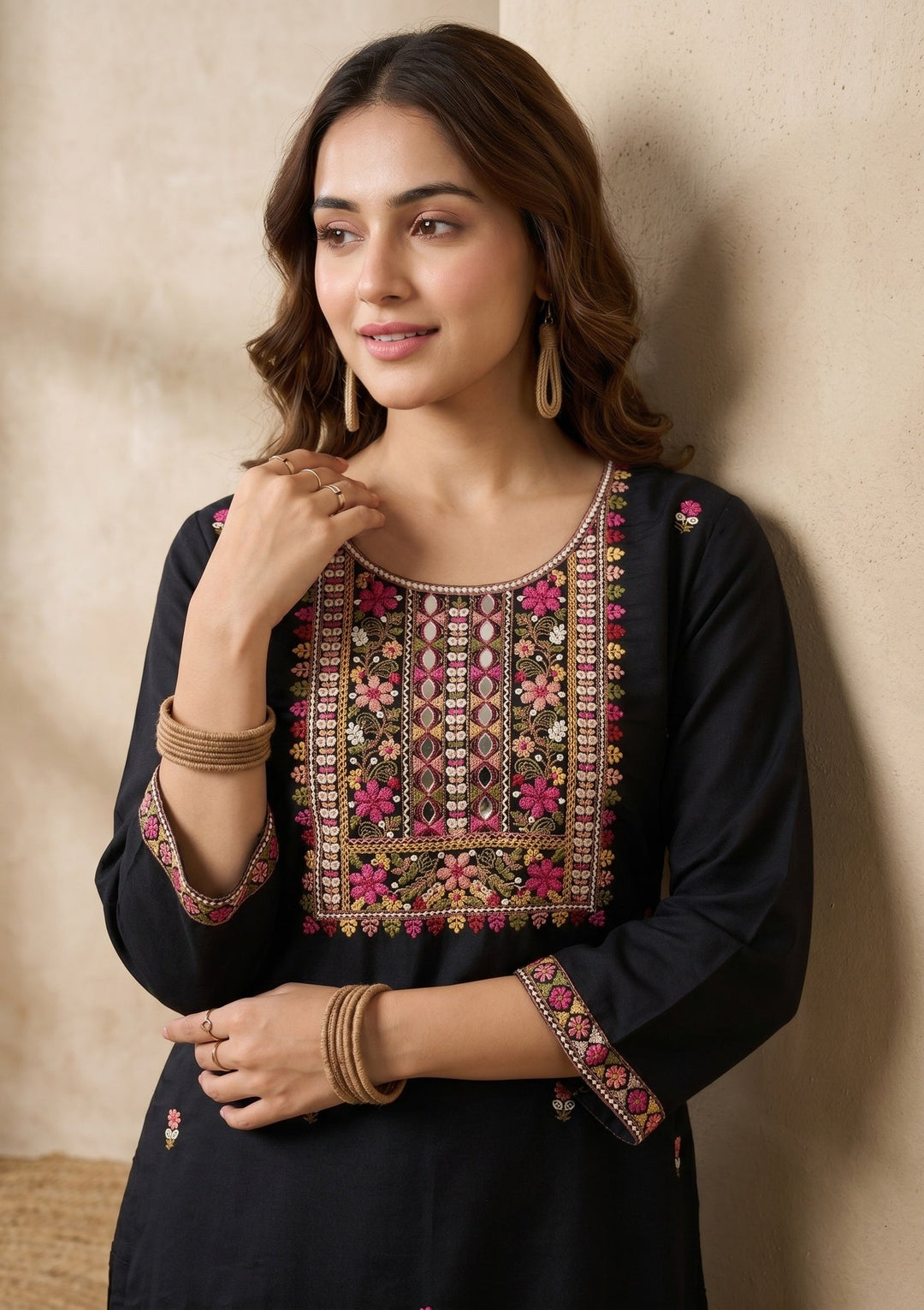 Black Threadwork Art Silk Readymade Salwar Suit
