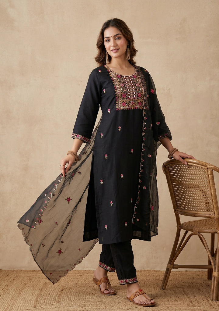 Black Threadwork Art Silk Readymade Salwar Suit