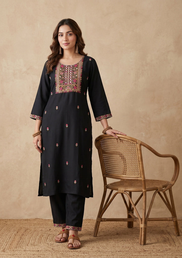 Black Threadwork Art Silk Readymade Salwar Suit
