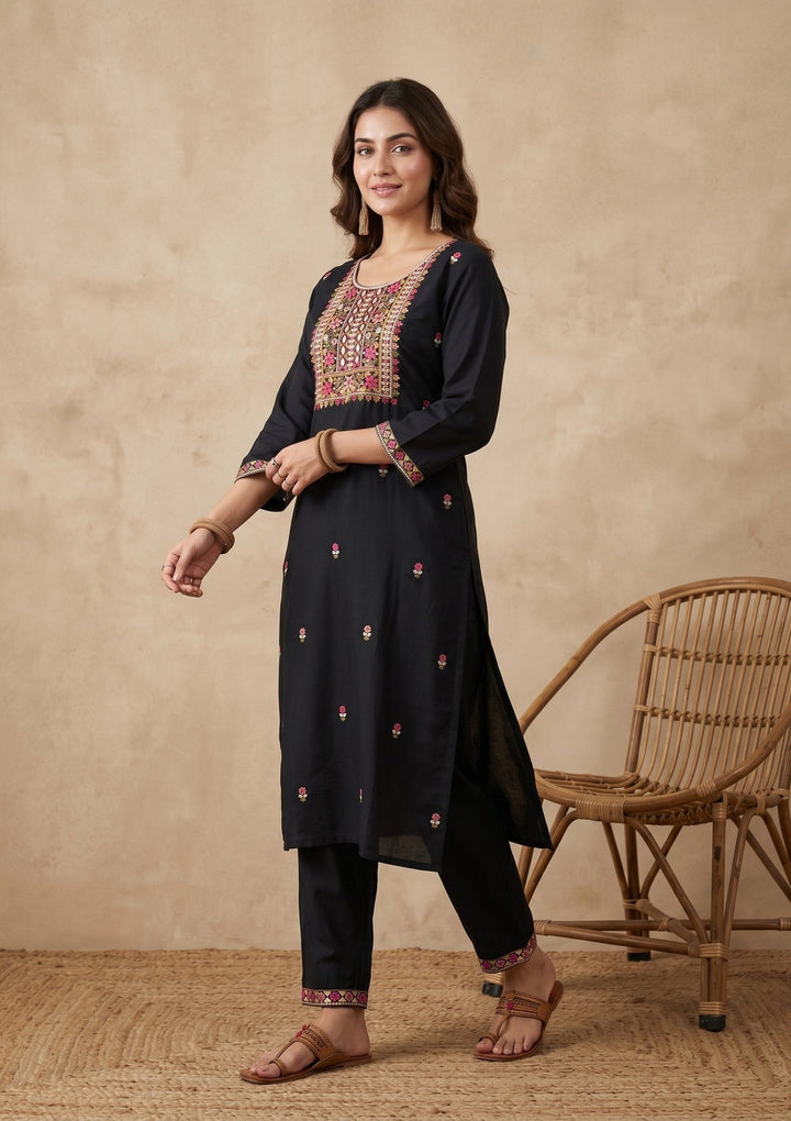 Black Threadwork Art Silk Readymade Salwar Suit