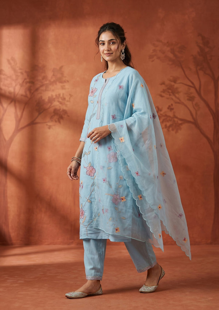 Sky Blue Threadwork Art Silk Readymade Salwar Suit