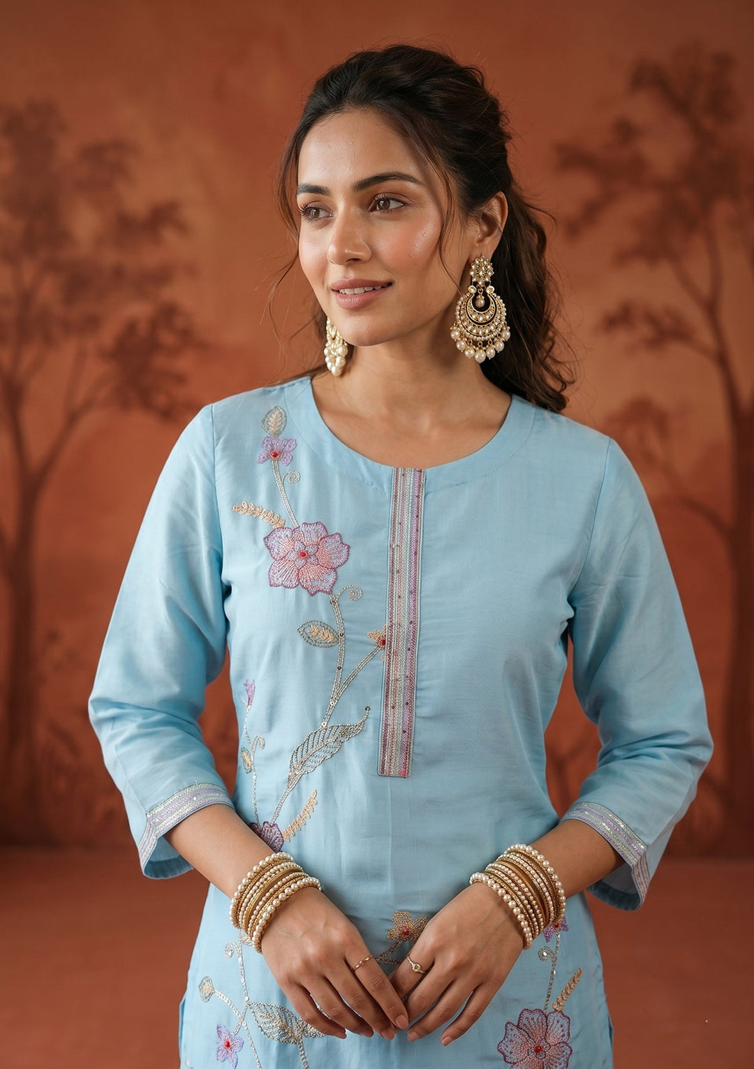 Sky Blue Threadwork Art Silk Readymade Salwar Suit