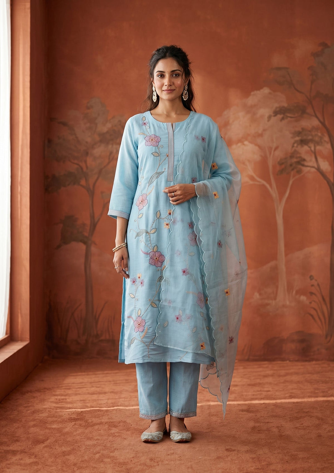 Sky Blue Threadwork Art Silk Readymade Salwar Suit