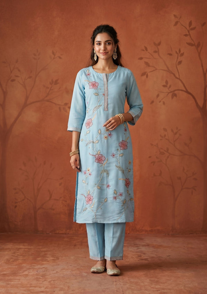 Sky Blue Threadwork Art Silk Readymade Salwar Suit