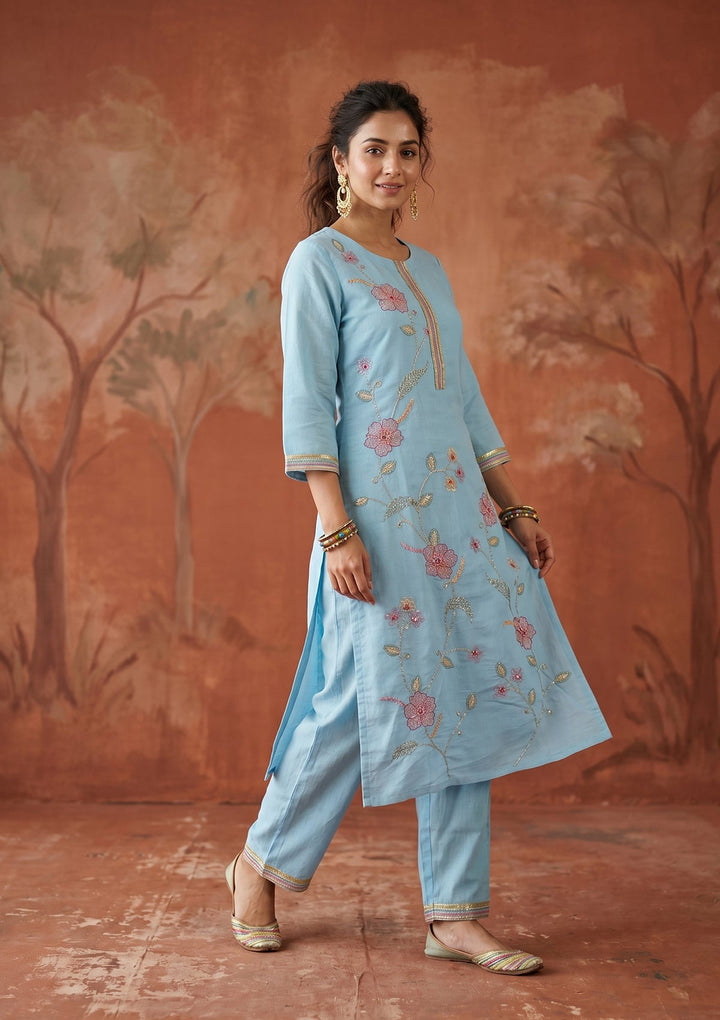 Sky Blue Threadwork Art Silk Readymade Salwar Suit