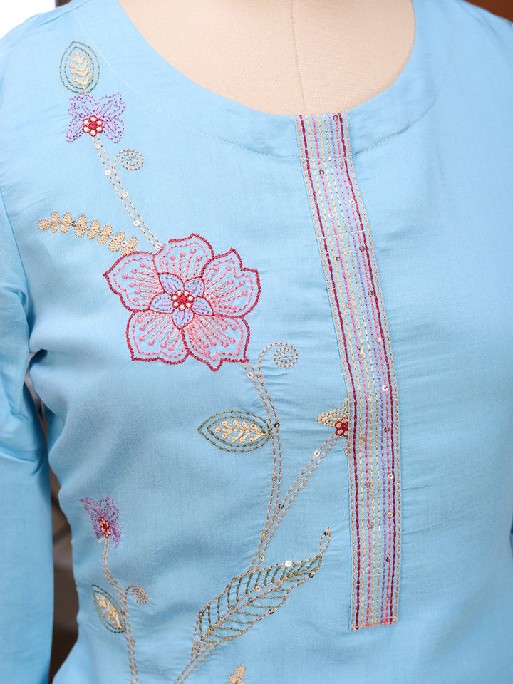 Sky Blue Threadwork Art Silk Readymade Salwar Suit