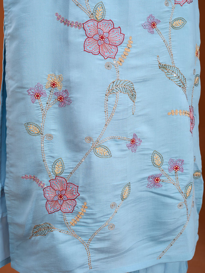 Sky Blue Threadwork Art Silk Readymade Salwar Suit