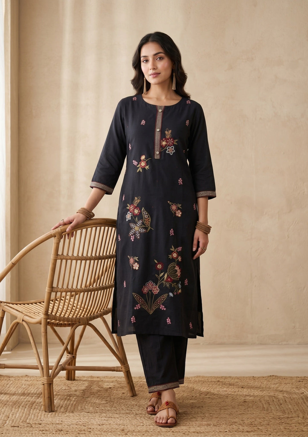 Black Threadwork Art Silk Readymade Salwar Suit