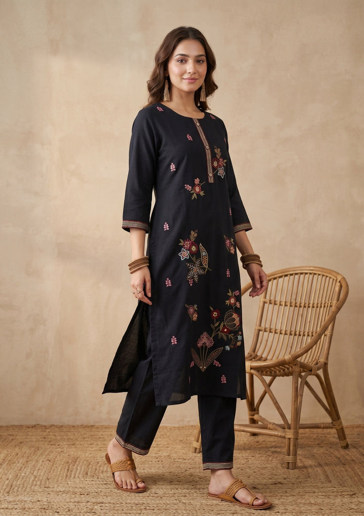 Black Threadwork Art Silk Readymade Salwar Suit