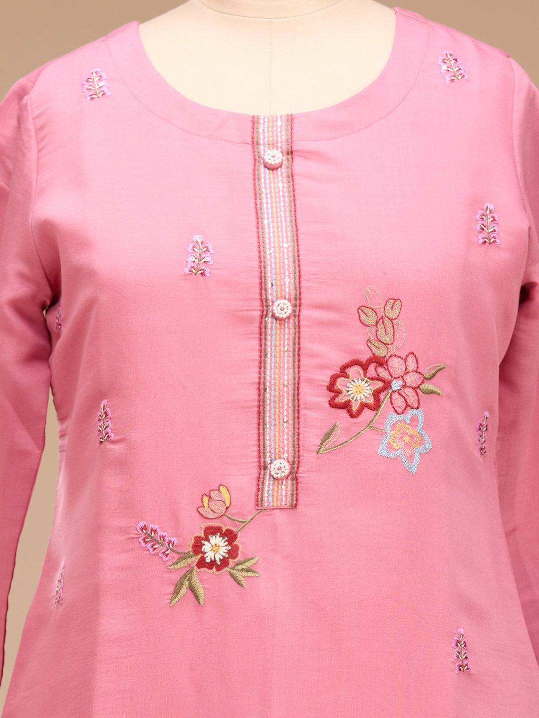 Onion Pink Threadwork Art Silk Readymade Salwar Suit