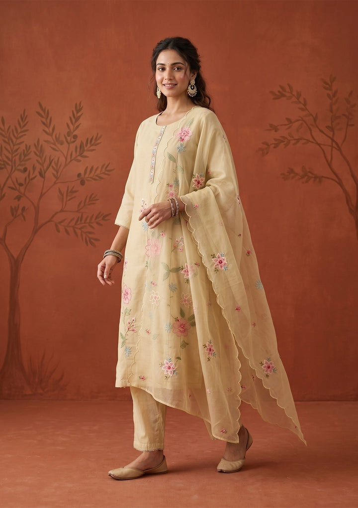 Beige Threadwork Silk Readymade Salwar Suit