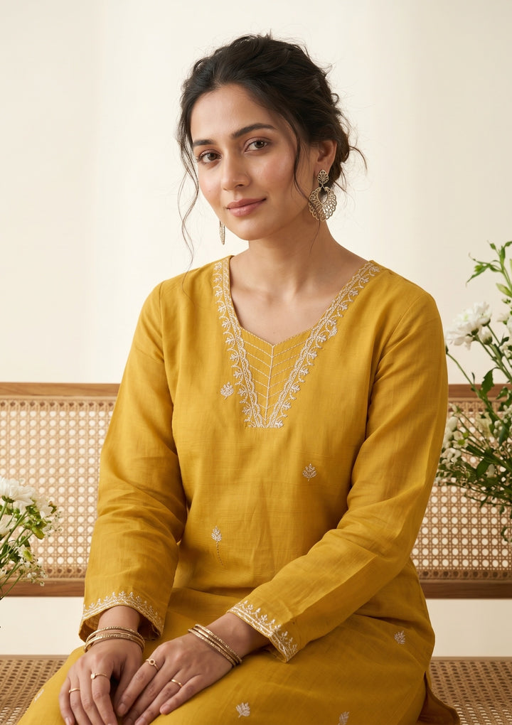 Mustard Chanderi Gold Zariwork Straight Kurta With Pant Regular And Dupatta