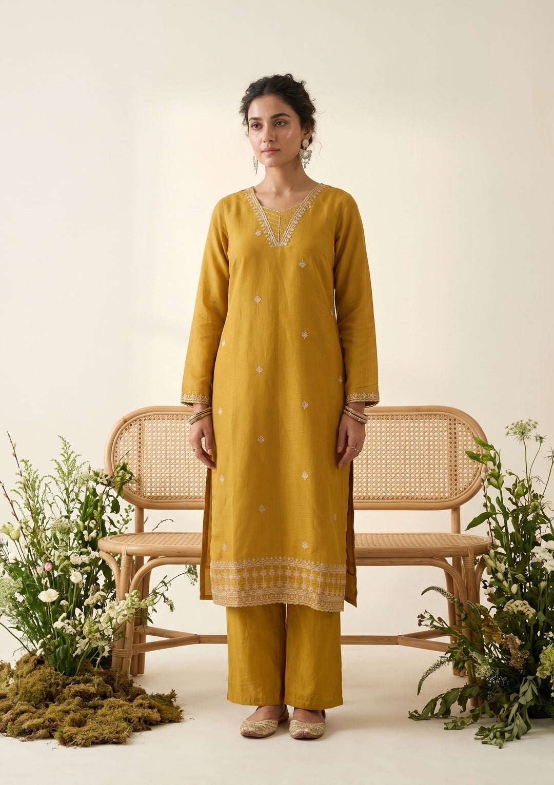 Mustard Chanderi Gold Zariwork Straight Kurta With Pant Regular And Dupatta