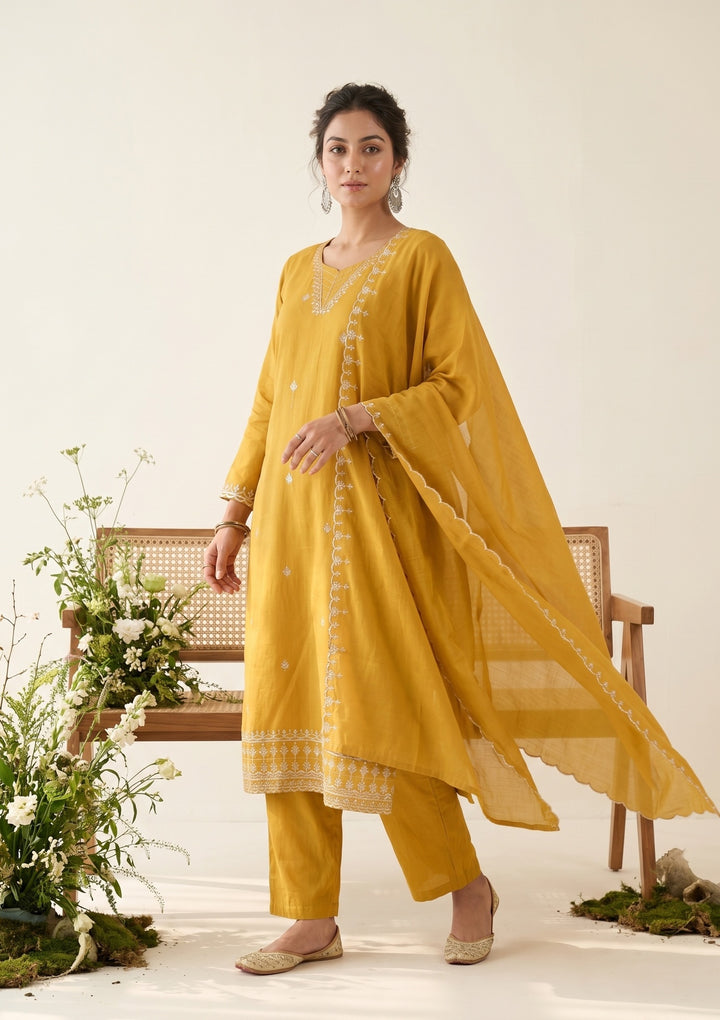 Mustard Chanderi Gold Zariwork Straight Kurta With Pant Regular And Dupatta