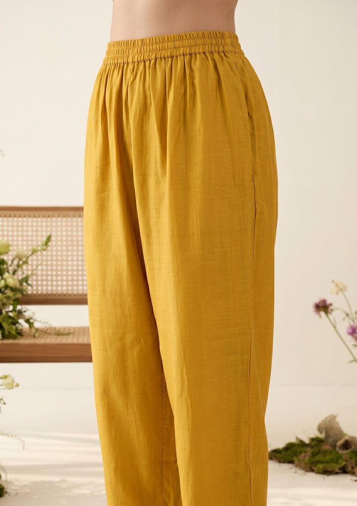 Mustard Chanderi Gold Zariwork Straight Kurta With Pant Regular And Dupatta