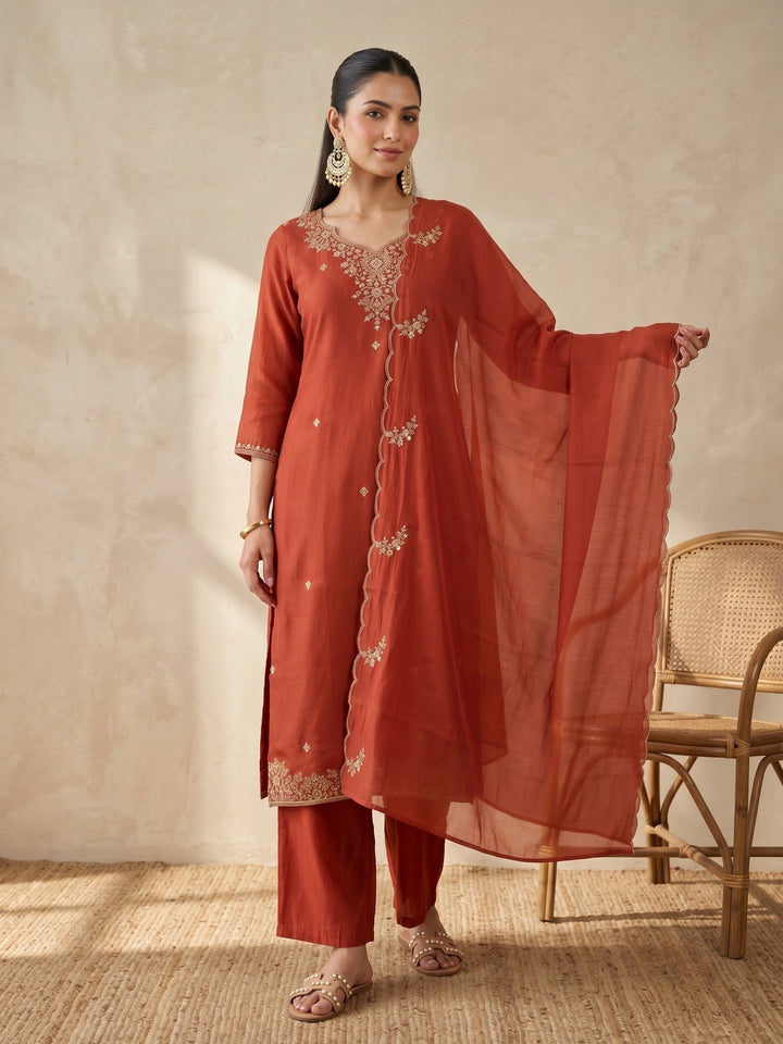 Rust Cording Chanderi Readymade Salwar Suit