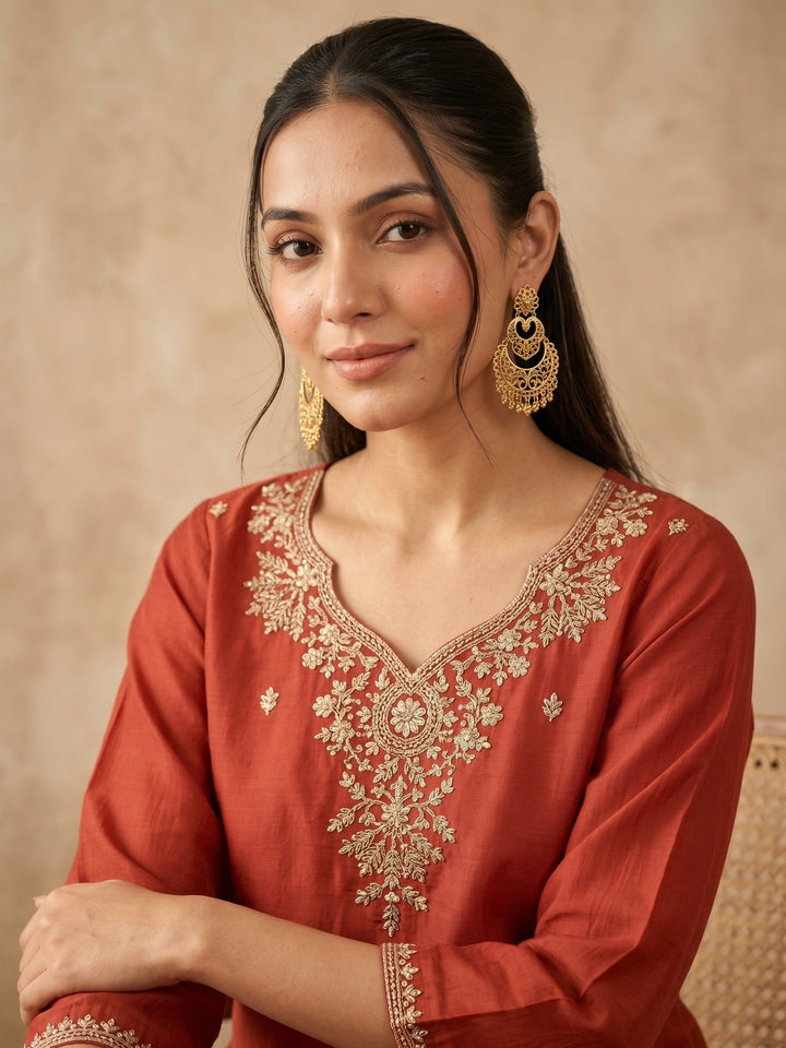 Rust Cording Chanderi Readymade Salwar Suit