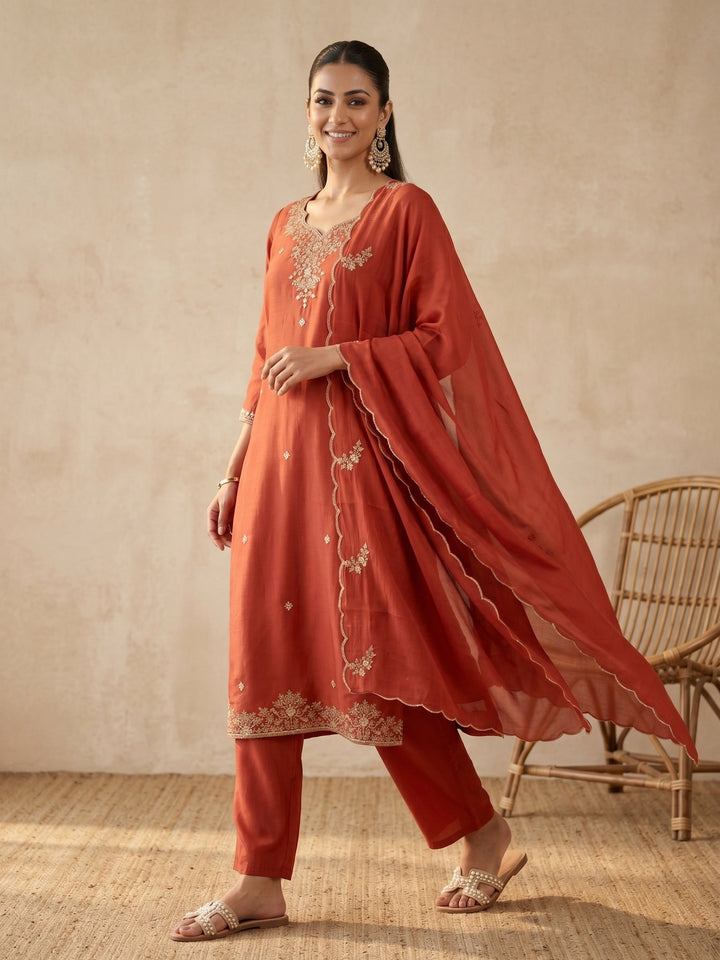 Rust Cording Chanderi Readymade Salwar Suit