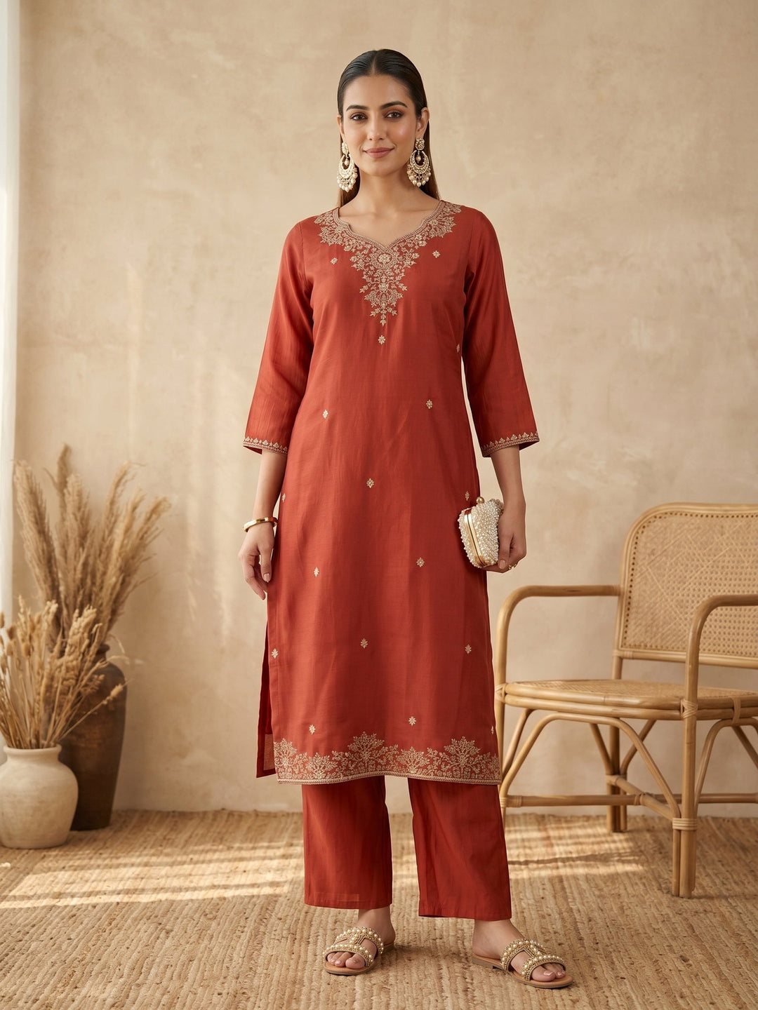 Rust Cording Chanderi Readymade Salwar Suit