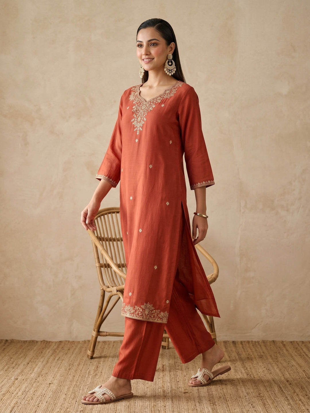 Rust Cording Chanderi Readymade Salwar Suit