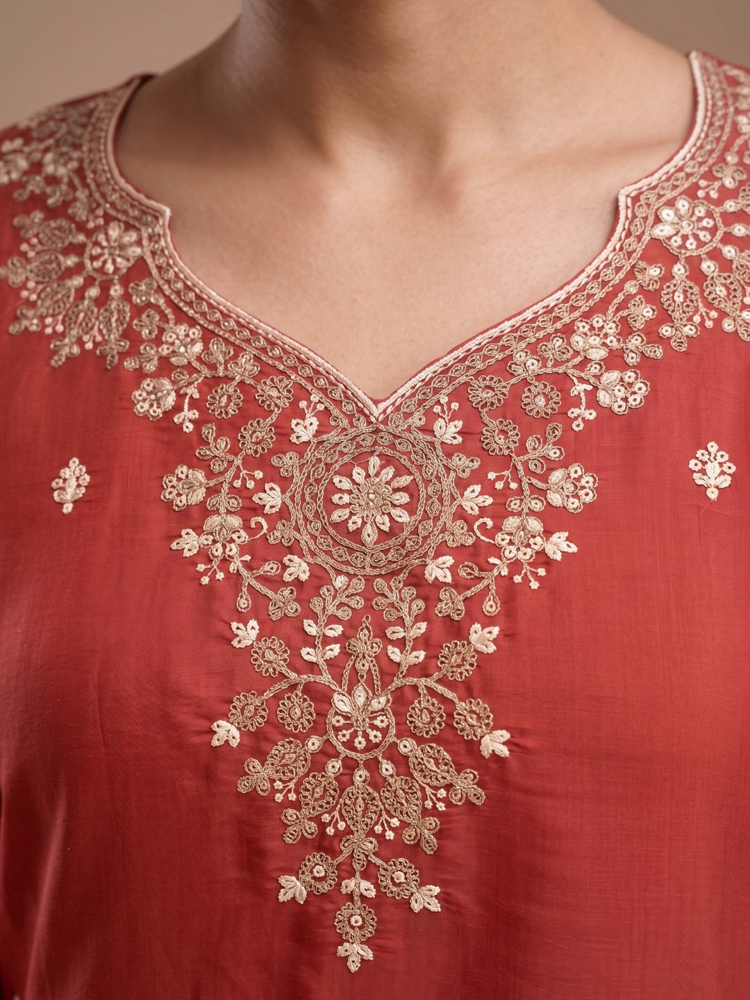 Rust Cording Chanderi Readymade Salwar Suit