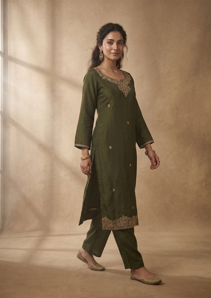 Mehandi Green Cording Chanderi Readymade Salwar Suit