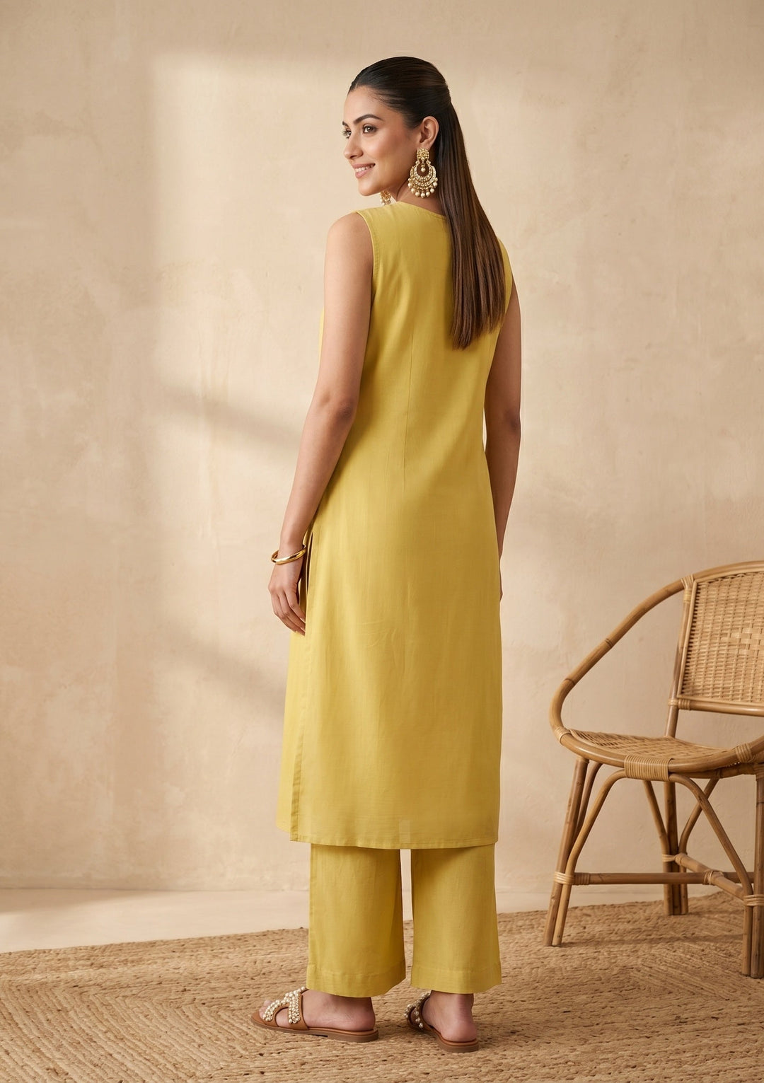 Lemon Yellow Threadwork Chanderi Readymade Salwar Suit