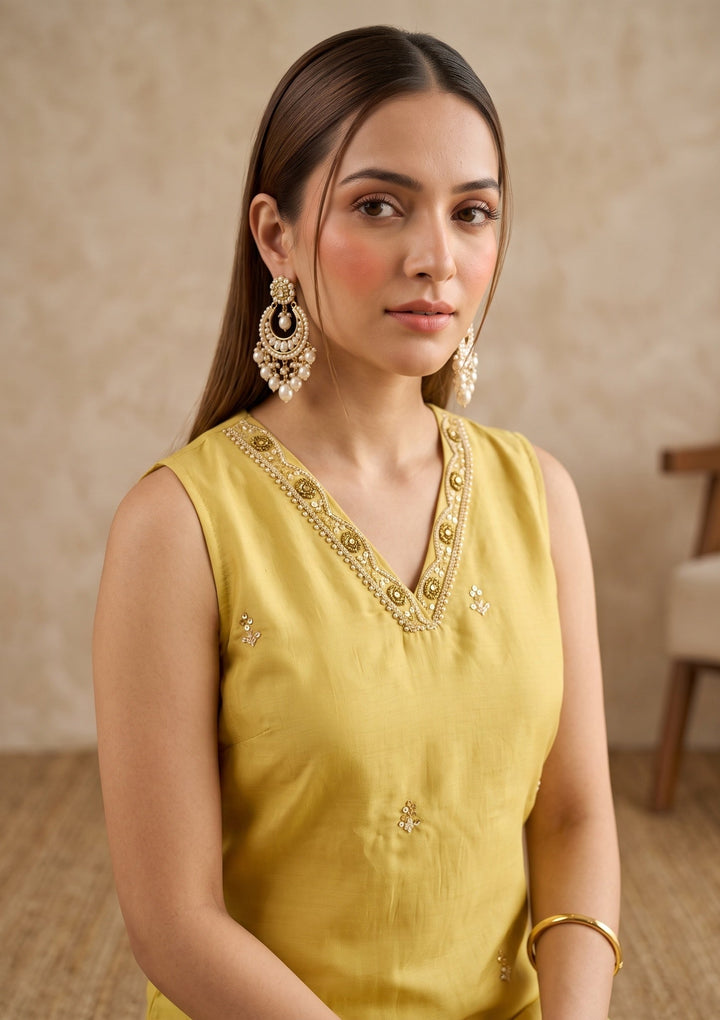 Lemon Yellow Threadwork Chanderi Readymade Salwar Suit