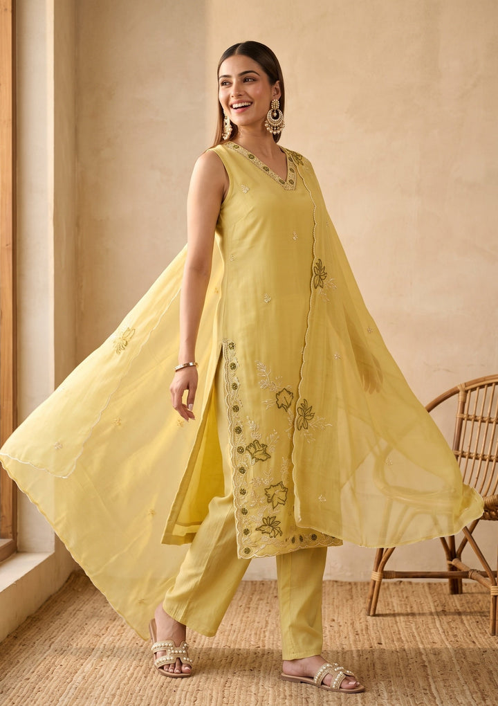 Lemon Yellow Threadwork Chanderi Readymade Salwar Suit