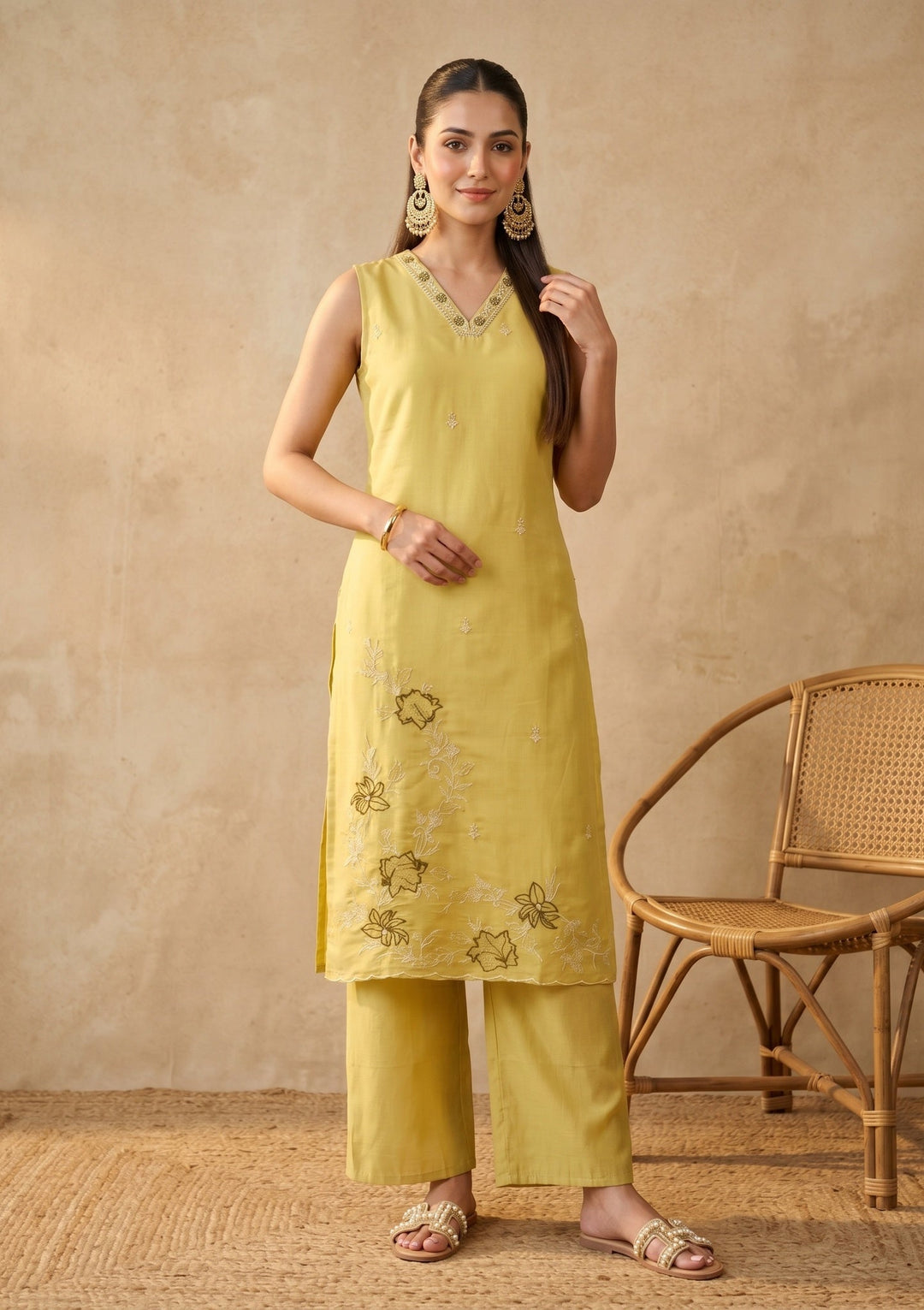 Lemon Yellow Threadwork Chanderi Readymade Salwar Suit