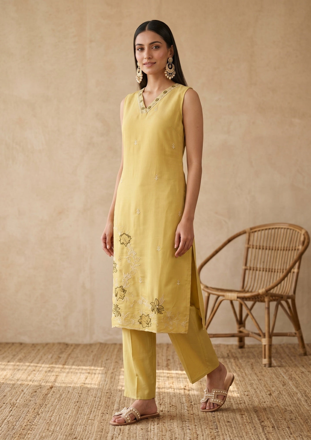 Lemon Yellow Threadwork Chanderi Readymade Salwar Suit